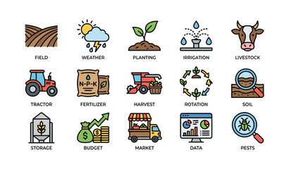Naklejka premium Agricultural icons depicting processes and tools for effective farming