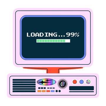Retro computer pixel art loading screen 99 percent complete green progress bar on monitor with rainbow button detail for gaming interface and web design