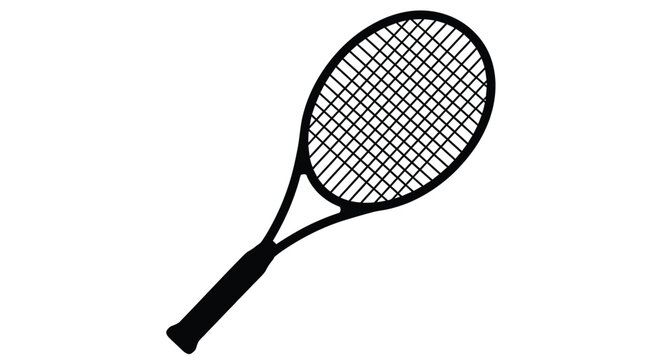 A black and white illustration of a single tennis racket on a white background