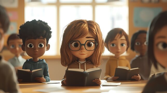 Diverse animated children are sitting at a wooden table reading open books in a bright classroom setting