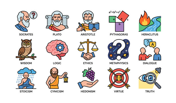 Colorful icons representing famous philosophers and key concepts in philosophy