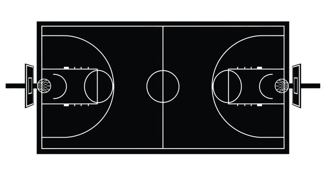 Overhead view of a black and white basketball court with hoops and markings