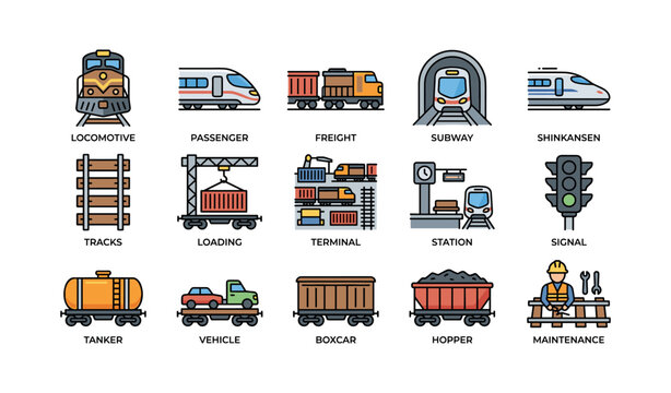 Colorful icons of train and railway elements including locomotive, subway, and signal systems