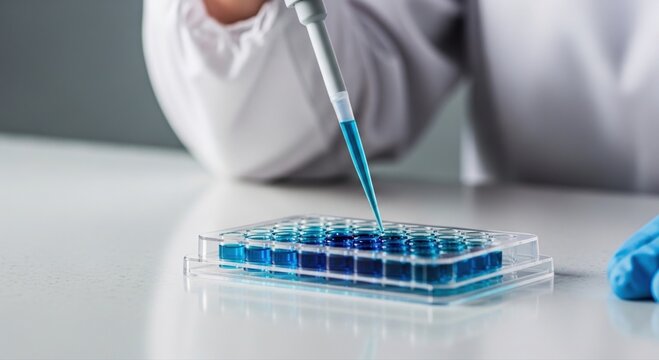 Scientist in lab coat meticulously pipetting blue liquid into a microplate during important chemistry research experiment