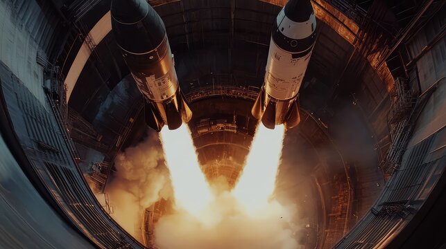 Dual space rocket boosters ignite with immense power, generating fiery exhaust plumes and smoke from a deep launch pad, symbolizing technological advancement and future exploration
