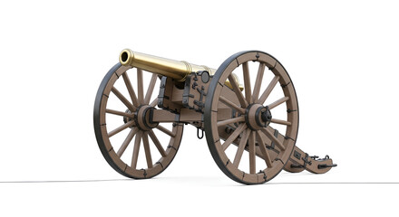 Fototapeta premium Isolated historical brass cannon on wooden wheels, detailed antique artillery weapon, isolated on a clean white background, symbol of war and history