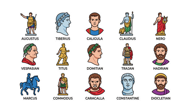 Illustrated portraits of roman emperors with names and distinctive features