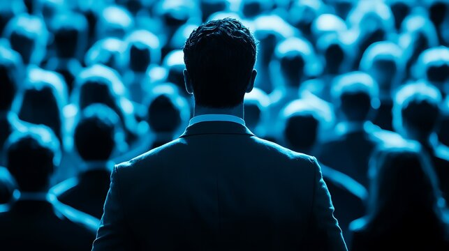 Man in suit facing crowd in audience illuminated by blue light gathering