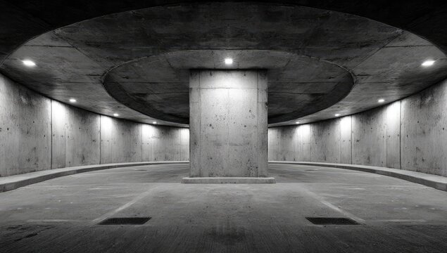 A symmetrical, modern, concrete structure with circular ceiling and central support pillar