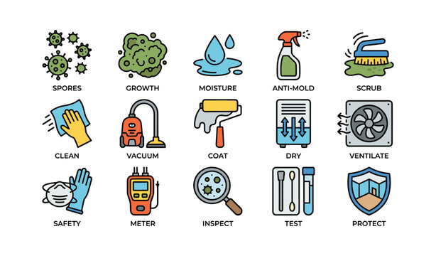 Mold prevention symbols: spores, moisture, cleaning, safety, testing, protection icons