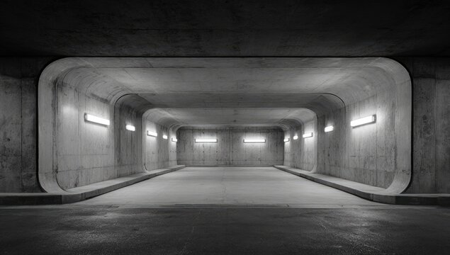 Modern architectural perspective of an empty, lit tunnel with curving, concrete walls