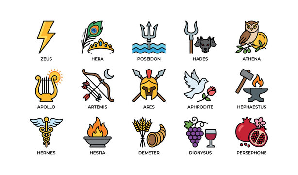 Icons of greek mythology: zeus, hera, poseidon, hades, athena, and more