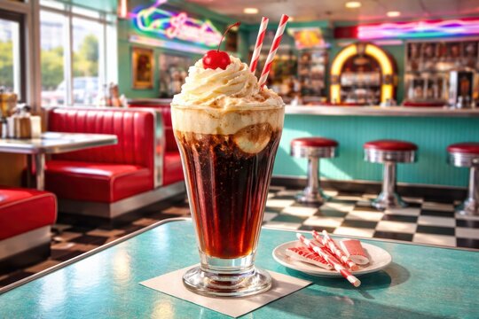 A tall glass of root beer float with whipped cream and a cherry