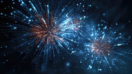 Fototapeta premium Stunning Explosion of Blue and Orange Fireworks in Night Sky, Capturing Brightness and Festivity with Sparkling Effects