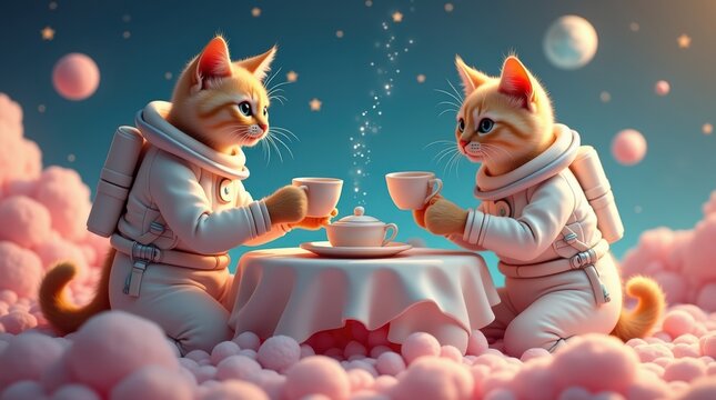  Two cats in space suits having tea on fluffy pink clouds

