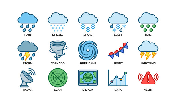 Weather symbols: rain, drizzle, snow, sleet, hail, storm, tornado, hurricane