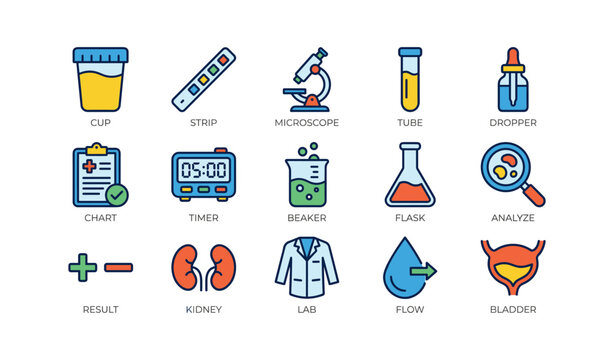 Medical testing icons including microscope, flask, and kidney illustrations