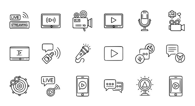Live streaming thin line icon vector set editable stroke broadcast EPS10 isolated on white