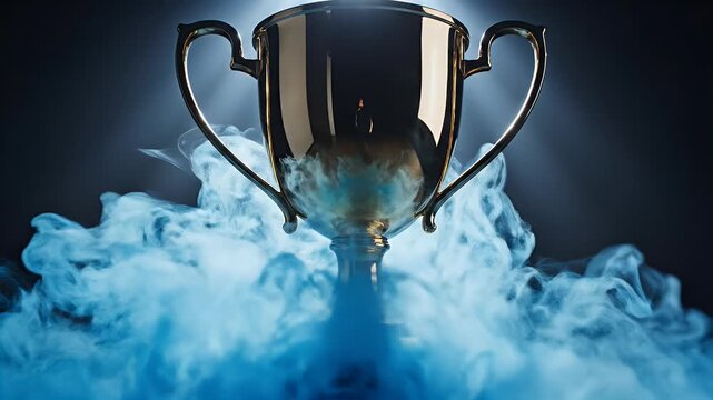 A gleaming golden trophy stands prominently against a dark background, illuminated by a dramatic spotlight.
