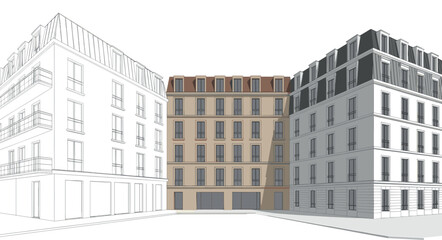 Classic European Apartment Buildings Perspective Street Scene with Detailed Architectural Facades Line Art and Colored Vector Illustration Set © MstSabera