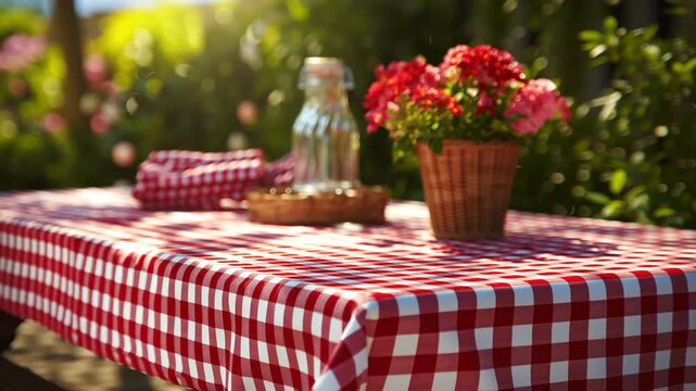 Outdoor picnic table with red checkered tablecloth and geranium flowers in sunny garden background	