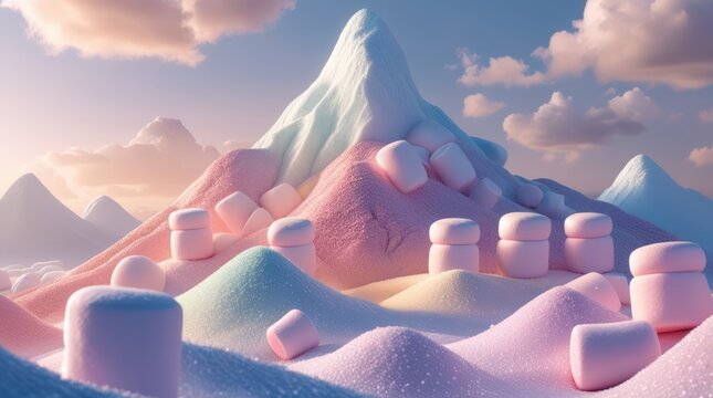 Pastel colored marshmallow landscape with mountains and cloudy sky background scene