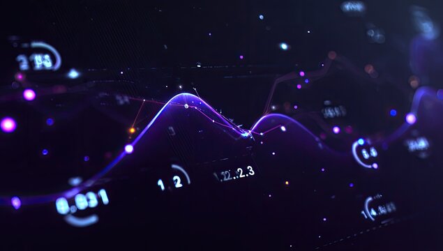 Animated digital data visualization showing glowing lines, curves, and numerical data on a dark background