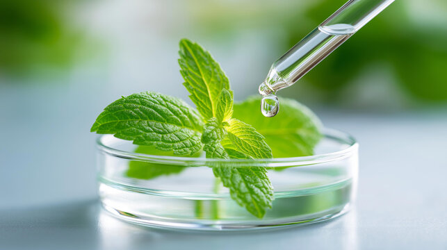 Faceless close-up of a glass dropper releasing a clear liquid onto a fresh green herb leaf inside a petri dish on a bright lab surface, biotechnology research, natural extract anal