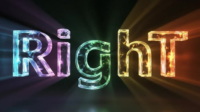 Shining illuminated word right with vibrant crystal text in rainbow colors with light rays radiating from it