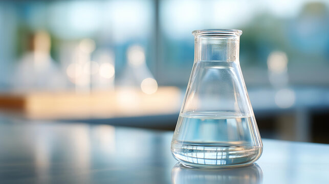 Faceless close-up of a beaker and volumetric flask on a bright chemistry laboratory table, scientific glassware, research workspace, educational chemistry, with copy space.