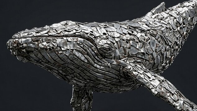 Surreal whale sculpture made of crushed aluminum can fragments misso e-waste v31