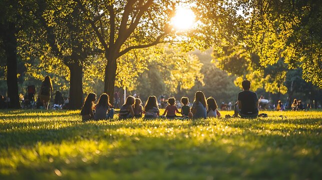 Group of people sitting on grass in park at sunset with dappled sunlight through trees