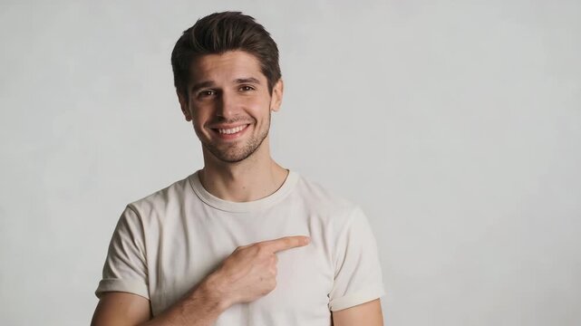 Smiling man pointing to copy space on blank background, useful for advertising, marketing messages, promotions, and communication concepts.