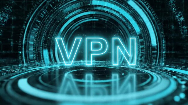A futuristic digital representation of a VPN (Virtual Private Network) is displayed within a glowing, circular portal surrounded by concentric rings and a grid-like network.