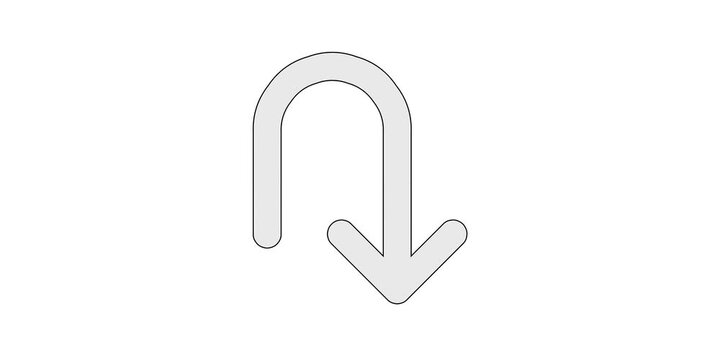 Arrow U right down icon animation for dropdown forward overlays, u-turn rightward downward motion graphic, white and green screen chroma key, curved fold reroute animated element, descend wrap design