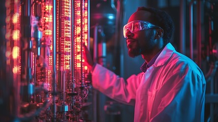 Obraz premium Scientist in protective glasses examines glowing tubes in a high tech laboratory