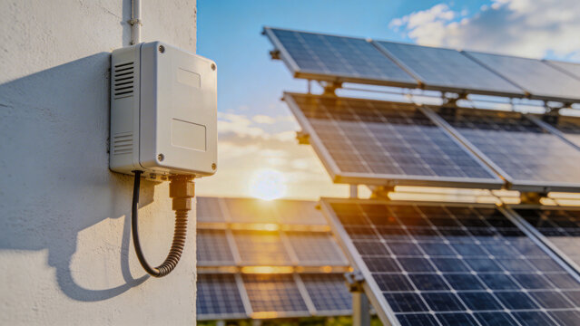 White power supply unit mounted on a wall with a solar panel in the background, bathed in sunlight and a peaceful blue sky, creating a serene atmosphere.