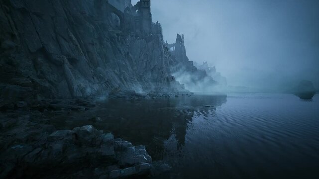 fogbound inlet with looming ruin and mirrorlike water, twilight haze and damp pebbled shore cold blue mood and soft reflections create serene menace perfect