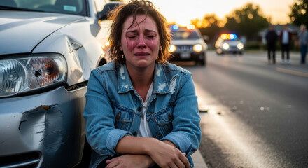 Naklejka premium Distressed woman in emotional turmoil after a car accident, with police cars in the background at sunset