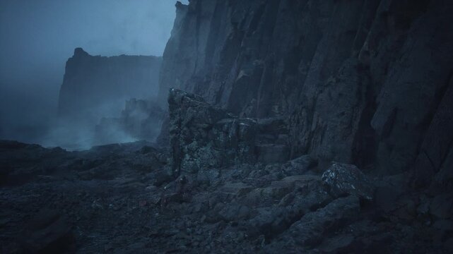 moody cliffside coastline at night, geologist mapping sea stacks amid fog and surf, jagged basalt cliffs, pebble strewn shore, cold blue tones and cinematic