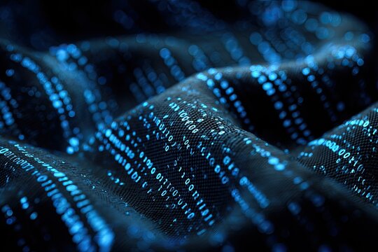 Close-up of undulating dark blue fabric textured with binary code, illuminated