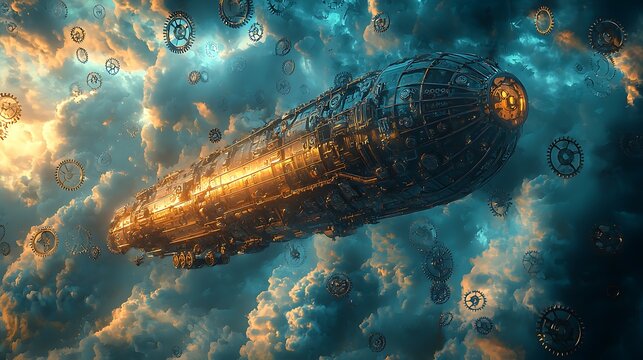 A colossal steampunk airship floats through a cloudy ethereal sky surrounded by numerous gears