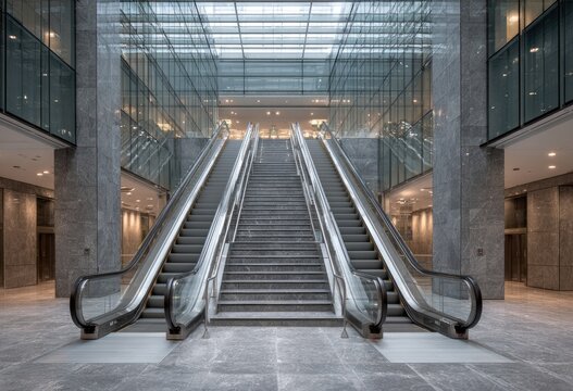 Modern architectural interior with escalators and stairs leading up towards a glass ceiling