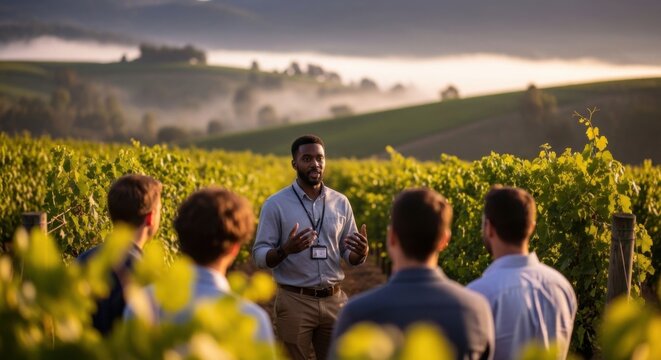 Wine tour group listening to a guide in a vineyard with misty hills for tourism background and promotional banner