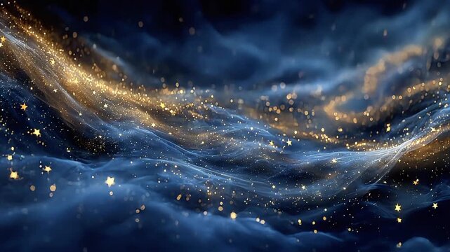 Ethereal golden stardust swirls across a dark blue backdrop, evoking a sense of magic, wonder, and limitless potential&mdash;perfect for marketing and creat