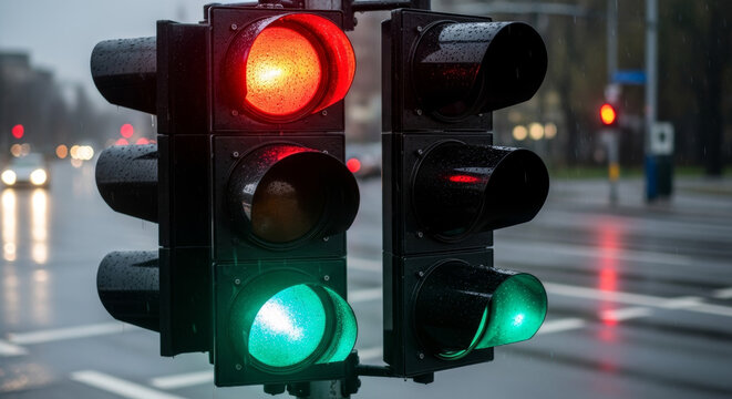 Traffic lights showing red and green with a reflective wet road during rainfall, symbolizing road safety and caution at a busy intersection