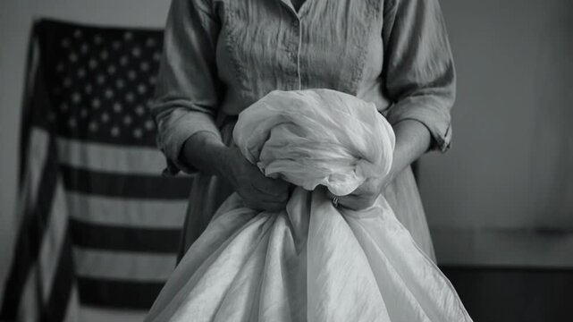 Close-up of hands gathering white fabric in a vintage workshop. Black and white footage of textile work during the world war era. Parachute manufacturing and home front concept