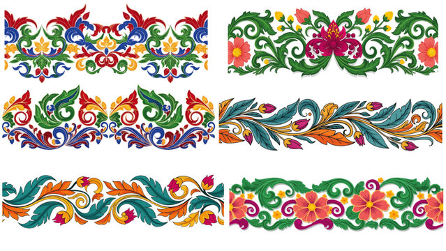 Vibrant Sri Lanka traditional floral pattern with lotus motifs, seamless vector borders and colorful Asian cultural temple wall design collection.