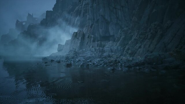 foggy rocky shoreline with towering cliffs and low mist, shallow water reflecting muted light scattered boulders, cold surf, damp pebble beach, cinematic haze