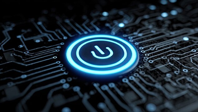 Glowing blue on/off button embedded in a microchip's intricate circuit board network